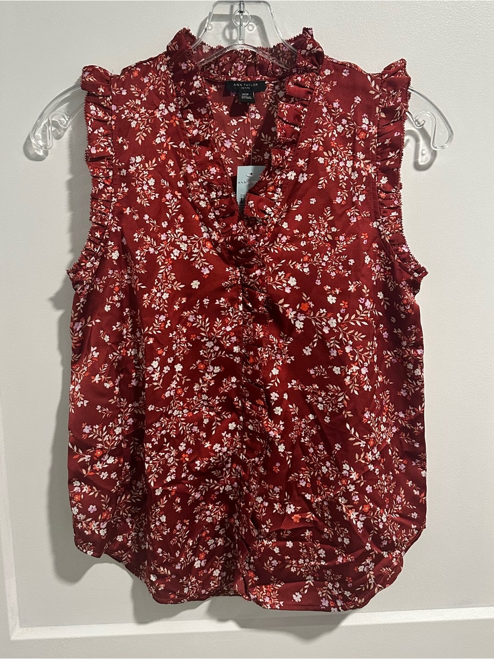 Ann Taylor Burgundy Floral Ruffle V-Neck Sleeveless Blouse
